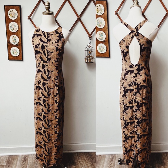 Vintage Dresses & Skirts - 90s Vintage Tropical Floral Halter Maxi Dress